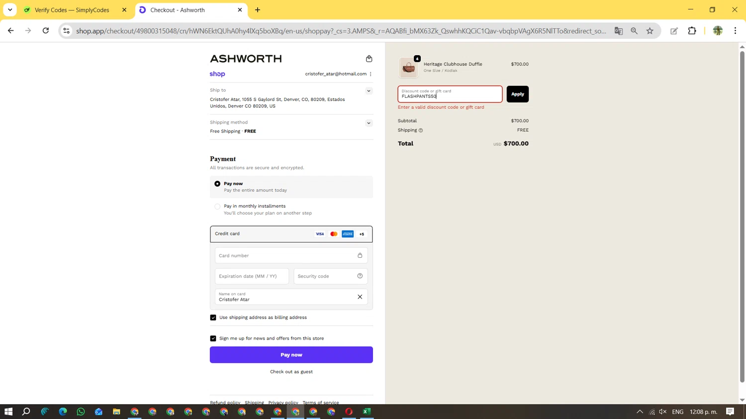 Ashworth promo code screenshot showing code FLASHPANTS50 applied at Ashworth checkout page. Uploaded by SimplyCodes community member FundoSinai on Dec 9, 2025