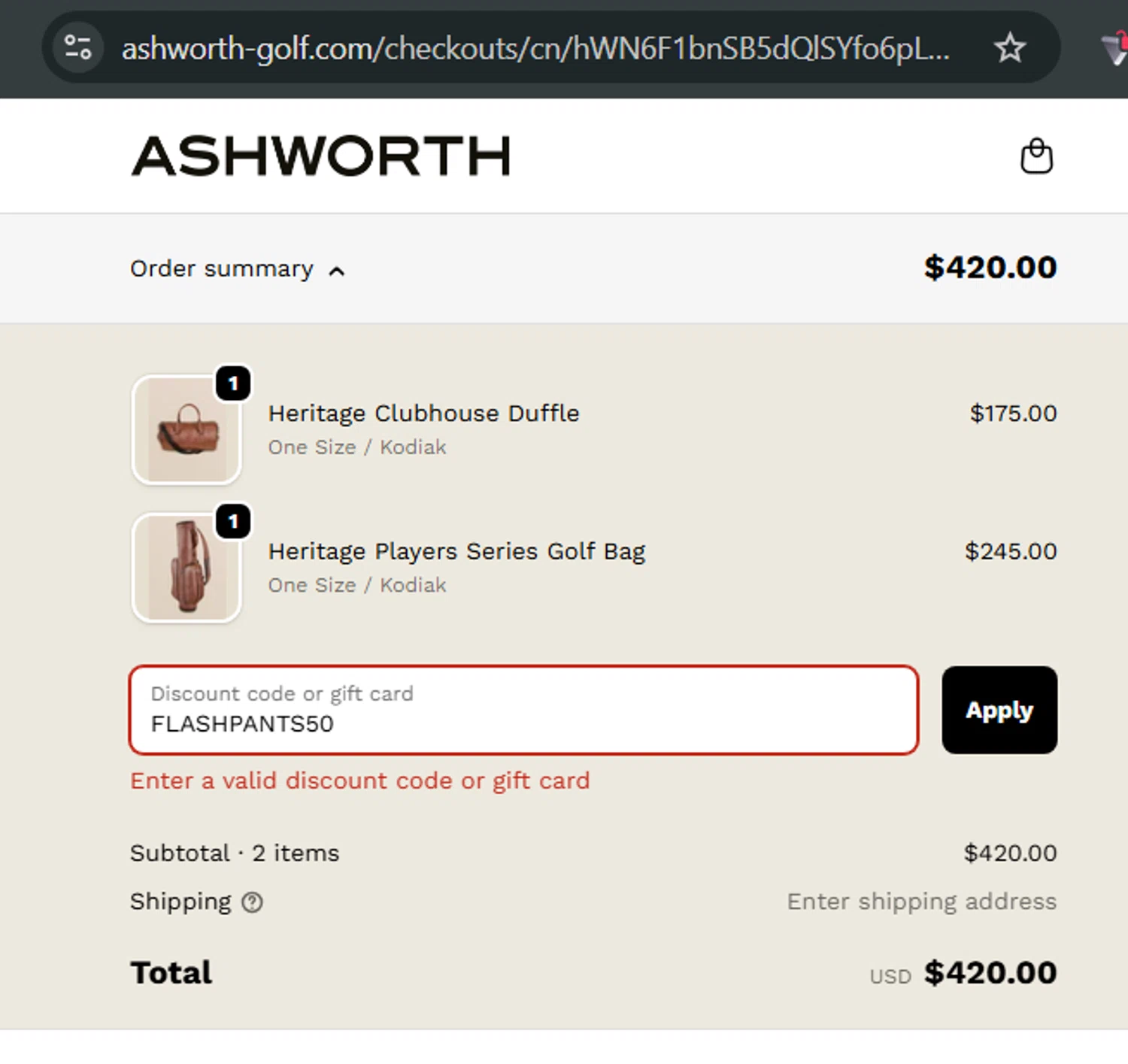 Ashworth promo code screenshot showing code FLASHPANTS50 applied at Ashworth checkout page. Uploaded by SimplyCodes community member LuisGaBa on Dec 9, 2025