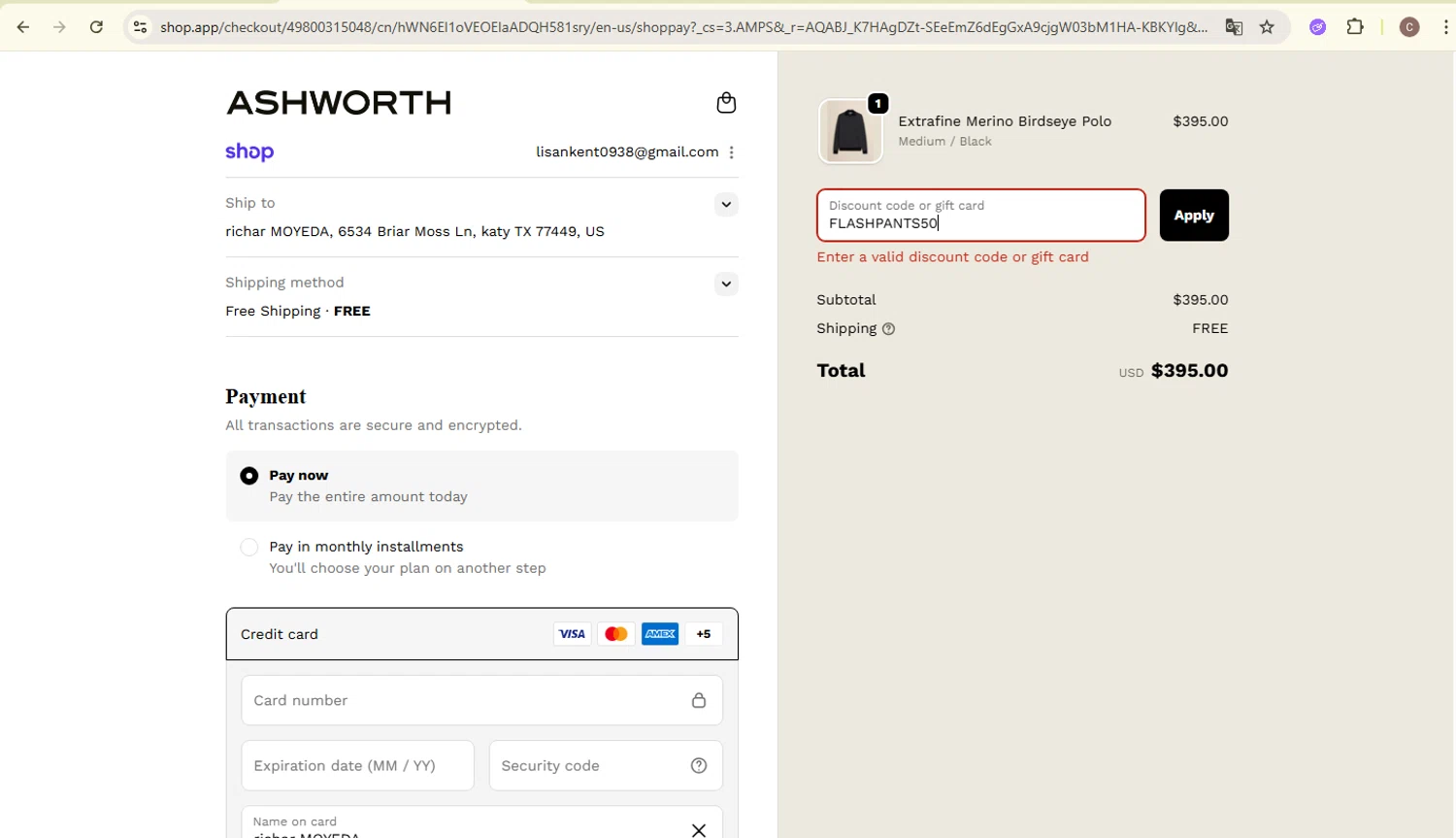 Ashworth promo code screenshot showing code FLASHPANTS50 applied at Ashworth checkout page. Uploaded by SimplyCodes community member carlosra07 on Dec 9, 2025