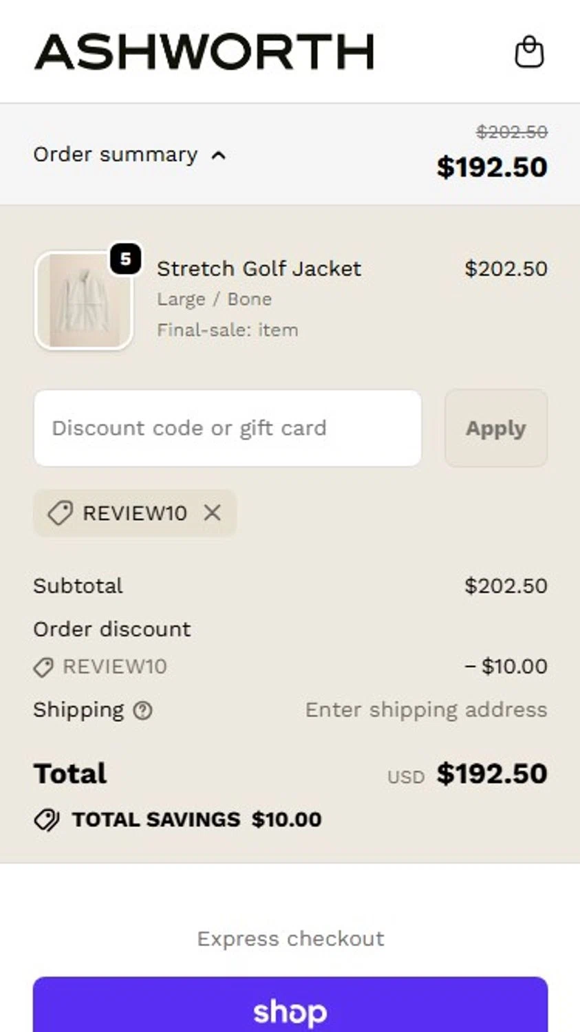 Ashworth promo code screenshot showing code REVIEW10 applied at Ashworth checkout page. Uploaded by SimplyCodes community member RonaldoM32 on Dec 28, 2025