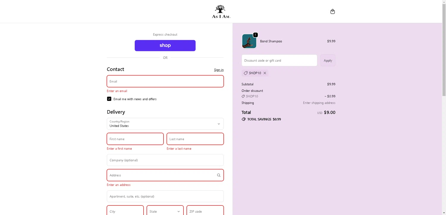 As I Am discount code screenshot showing code SHOP10 applied at As I Am checkout page. Uploaded by SimplyCodes community member VoucherHero1009 on Oct 9, 2025