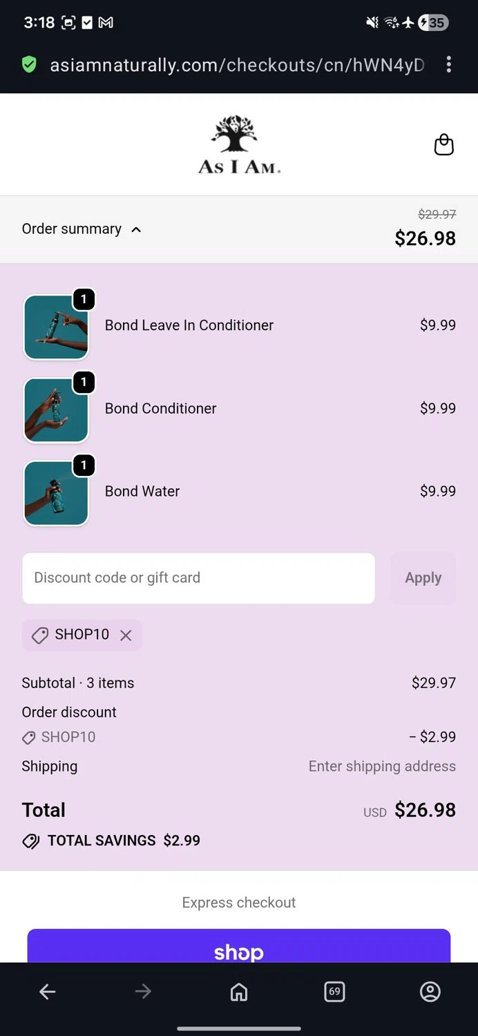 As I Am discount code screenshot showing code SHOP10 applied at As I Am checkout page. Uploaded by SimplyCodes community member guest_623525963 on Nov 6, 2025