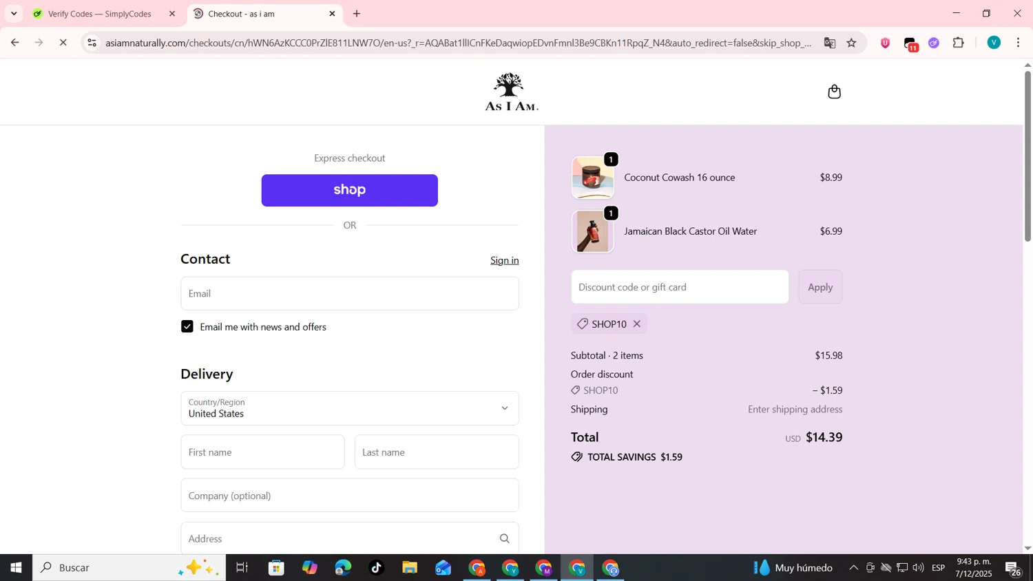 As I Am discount code screenshot showing code SHOP10 applied at As I Am checkout page. Uploaded by SimplyCodes community member lyffytaro on Dec 8, 2025
