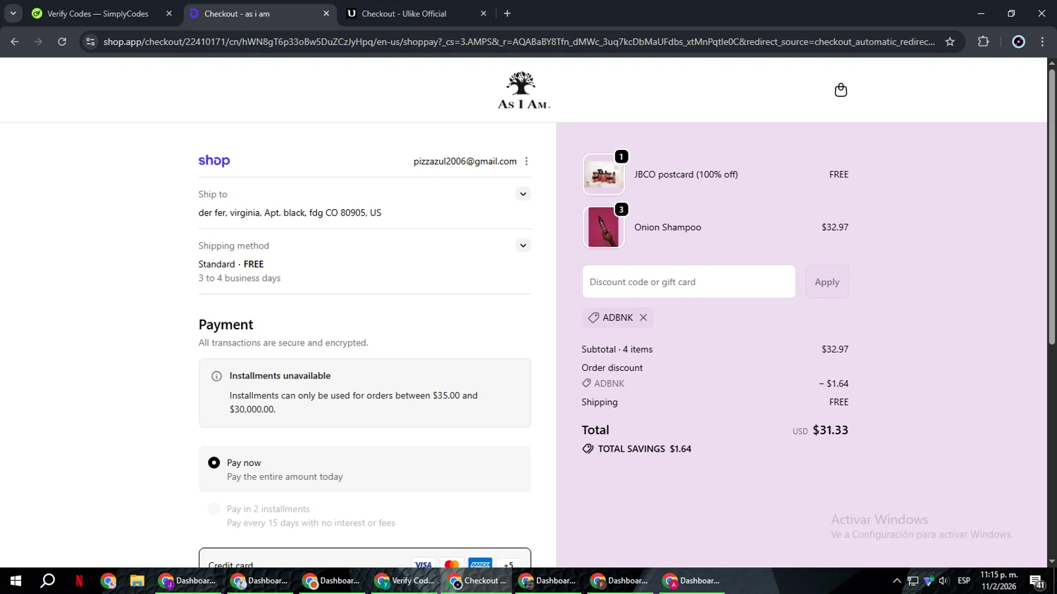 As I Am checkout page showing As I Am discount code box | Screenshot taken by SimplyCodes community member on Feb 12, 2026