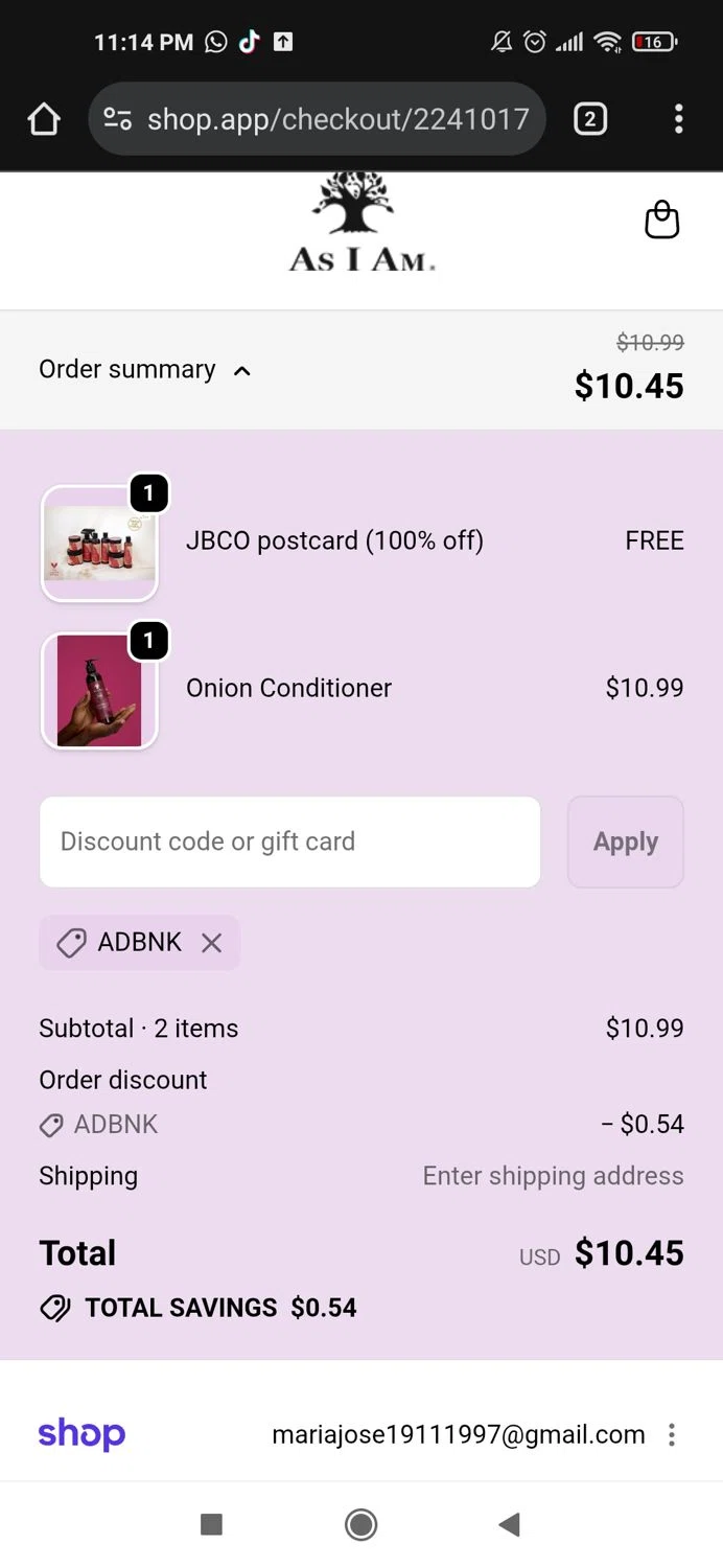 As I Am discount code screenshot showing code Adbnk applied at As I Am checkout page. Uploaded by SimplyCodes community member Mujerdejunnior on Feb 12, 2026