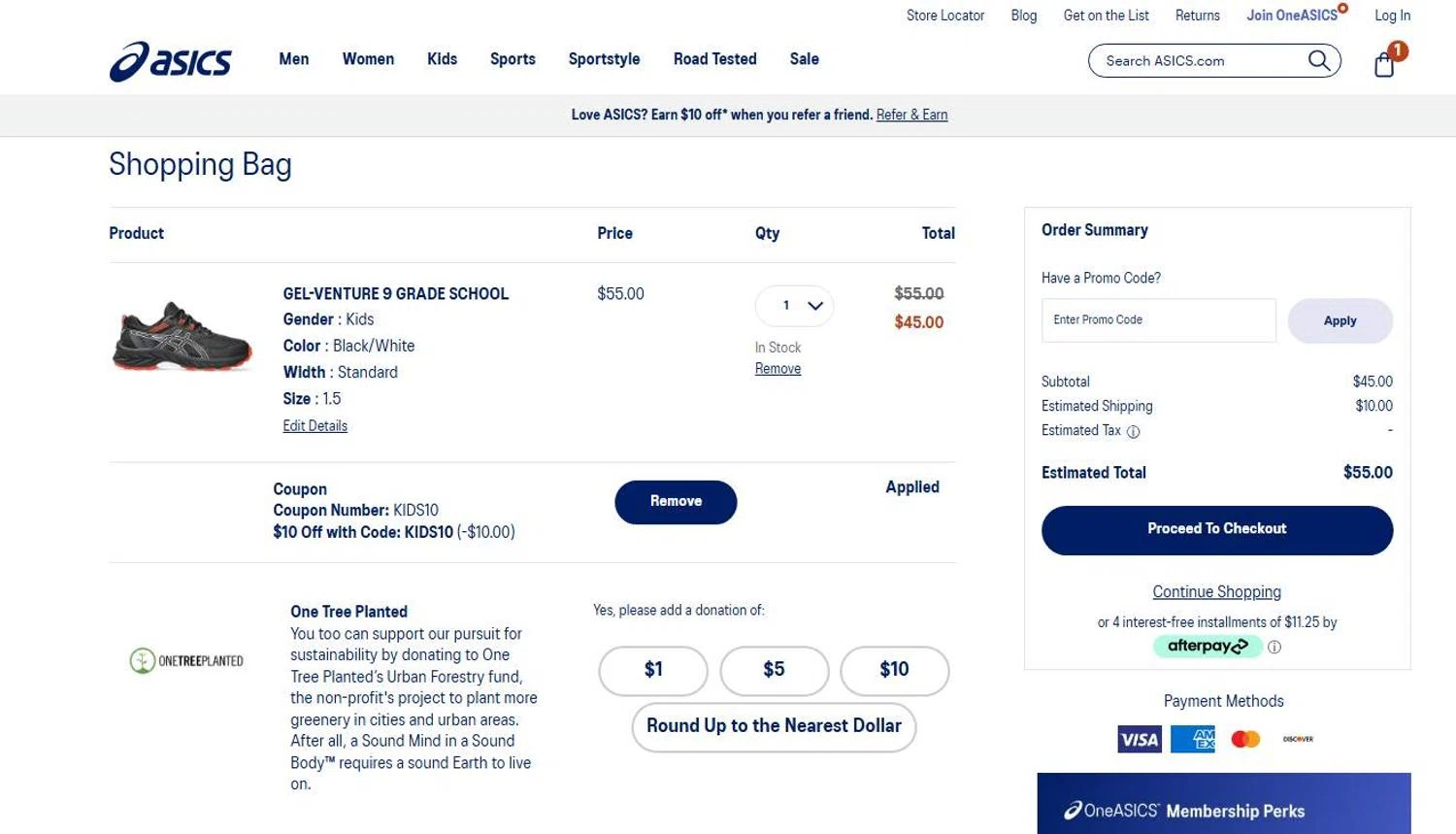 ASICS promo code screenshot showing code KIDS10 applied at ASICS checkout page. Uploaded by SimplyCodes community member 6d796e616d656973 on Aug 17, 2025
