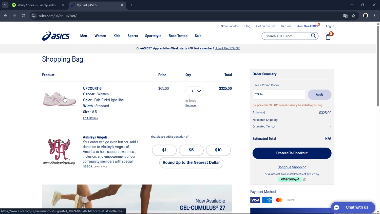 ASICS promo code screenshot showing code TERRA applied at ASICS checkout page. Uploaded by SimplyCodes community member Teresa on Mar 24, 2025