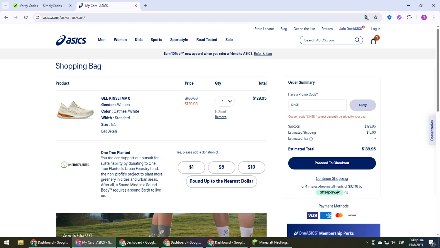 ASICS promo code screenshot showing code KINSEI applied at ASICS checkout page. Uploaded by SimplyCodes community member Son_Goku on Aug 15, 2025