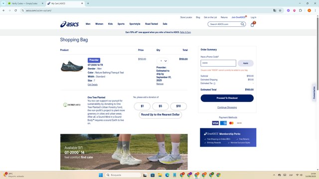 ASICS checkout page showing ASICS promo code box | Screenshot taken by SimplyCodes community member on Aug 14, 2025