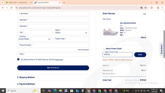 ASICS checkout page showing ASICS promo code box | Screenshot taken by SimplyCodes community member on Sep 4, 2025