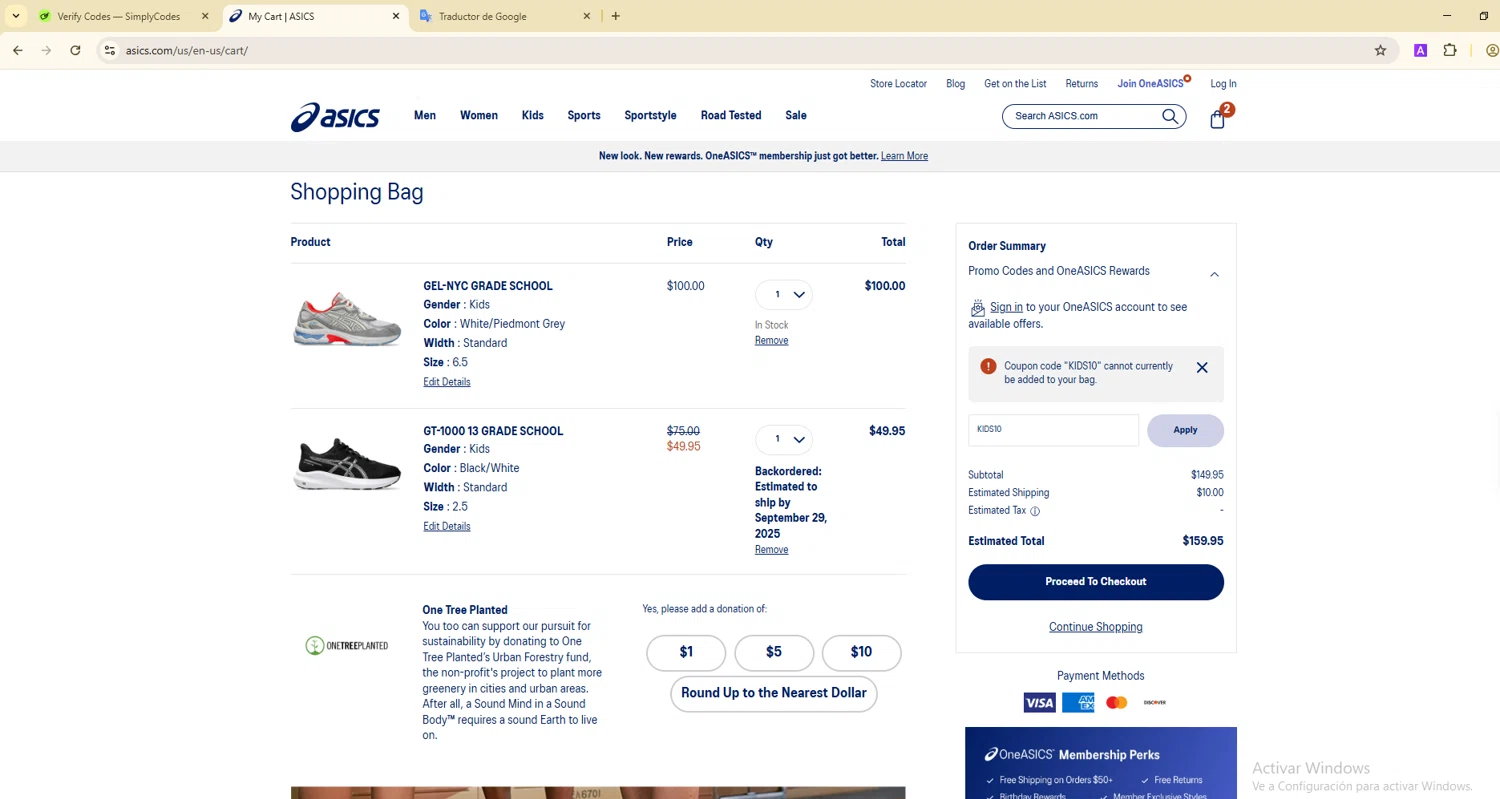 ASICS promo code screenshot showing code KIDS10 applied at ASICS checkout page. Uploaded by SimplyCodes community member ShieldTitan9442 on Sep 4, 2025