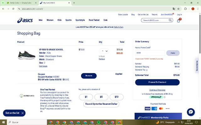 ASICS checkout page showing ASICS promo code box | Screenshot taken by SimplyCodes community member on Aug 25, 2025