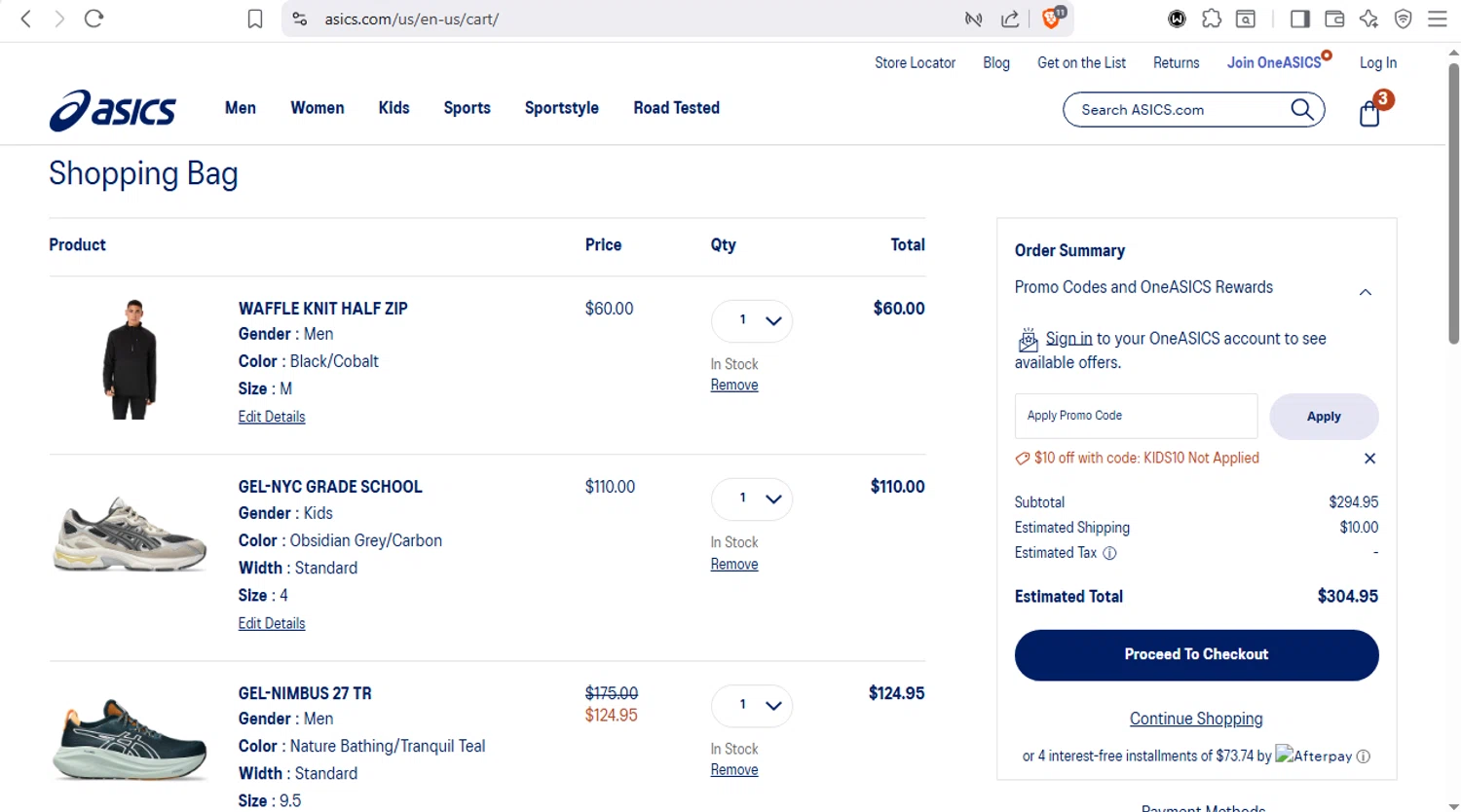 ASICS checkout page showing ASICS promo code box | Screenshot taken by SimplyCodes community member on Jan 12, 2026