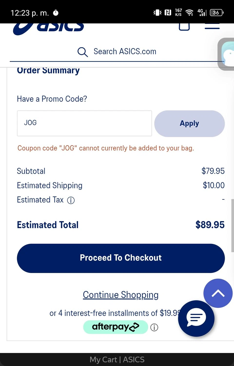 ASICS promo code screenshot showing code JOG applied at ASICS checkout page. Uploaded by SimplyCodes community member RoyalFinder1133 on Aug 4, 2025