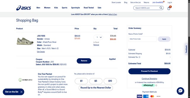 ASICS checkout page showing ASICS promo code box | Screenshot taken by SimplyCodes community member on Jul 28, 2025