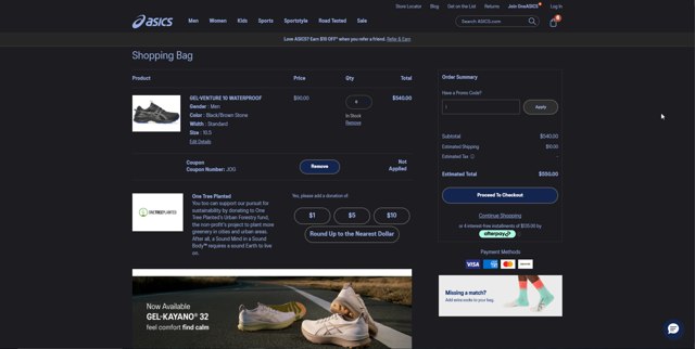 ASICS checkout page showing ASICS promo code box | Screenshot taken by SimplyCodes community member on Jul 28, 2025