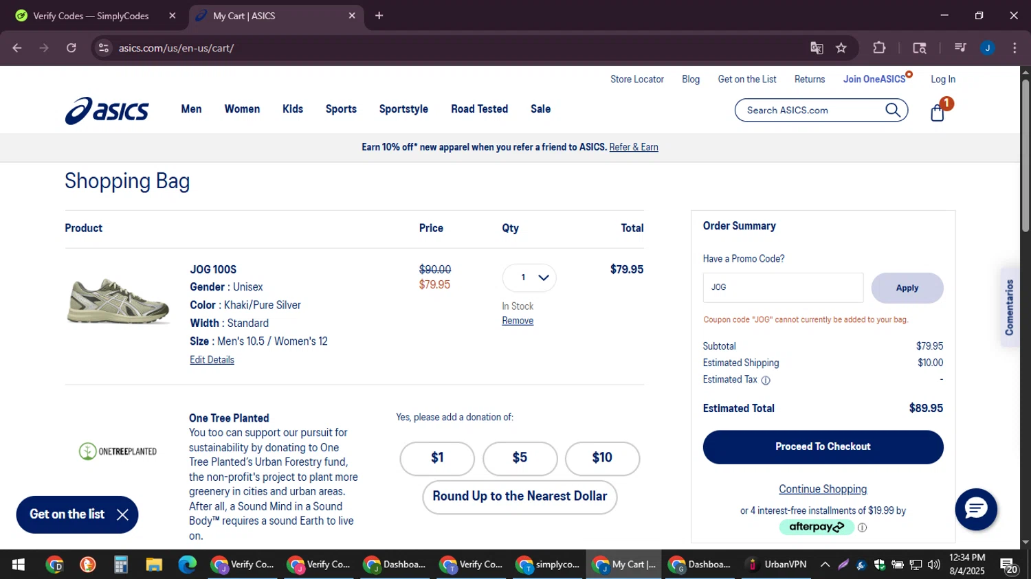 ASICS promo code screenshot showing code JOG applied at ASICS checkout page. Uploaded by SimplyCodes community member noesmith34ur on Aug 4, 2025