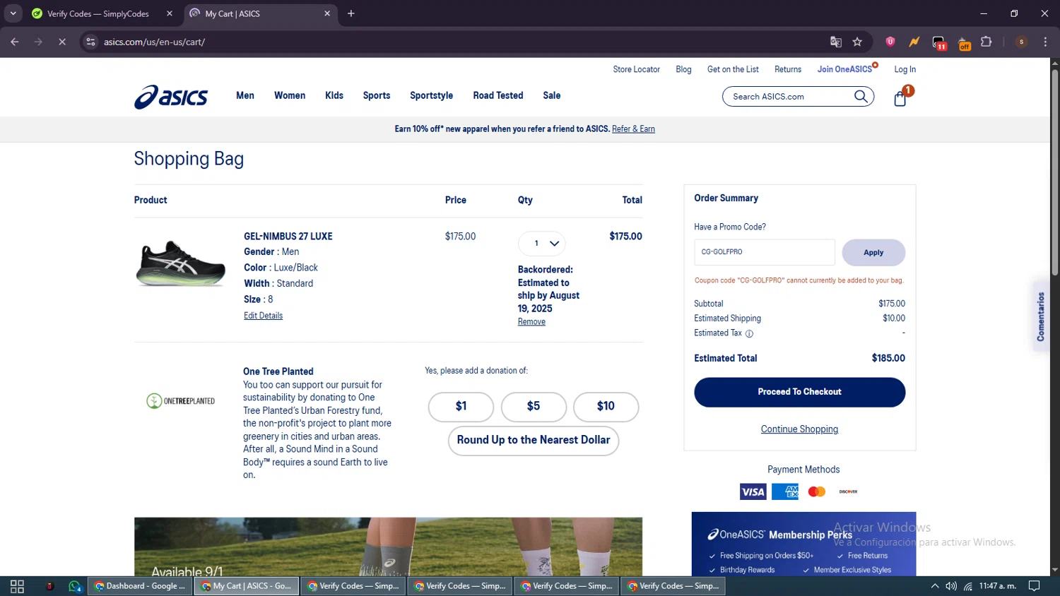 ASICS promo code screenshot showing code CG-GOLFPRO applied at ASICS checkout page. Uploaded by SimplyCodes community member GoldSentinel1426 on Aug 2, 2025