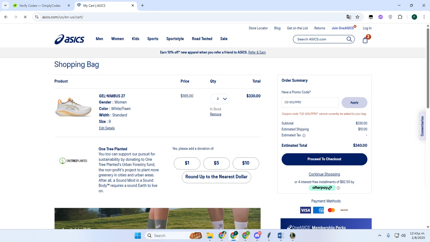 ASICS promo code screenshot showing code CG-GOLFPRO applied at ASICS checkout page. Uploaded by SimplyCodes community member Juanse on Aug 2, 2025