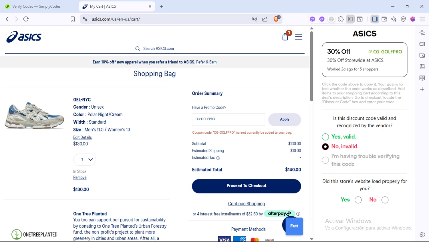 ASICS promo code screenshot showing code CG-GOLFPRO applied at ASICS checkout page. Uploaded by SimplyCodes community member PocoyoTraihard on Aug 2, 2025