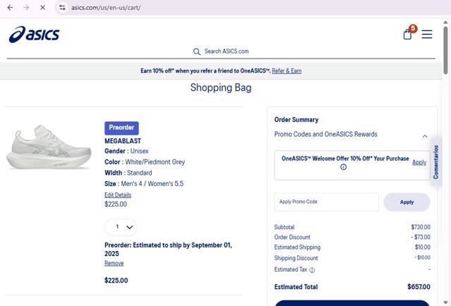 ASICS checkout page showing ASICS promo code box | Screenshot taken by SimplyCodes community member on Aug 31, 2025
