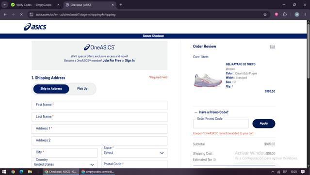 ASICS checkout page showing ASICS promo code box | Screenshot taken by SimplyCodes community member on Sep 5, 2025