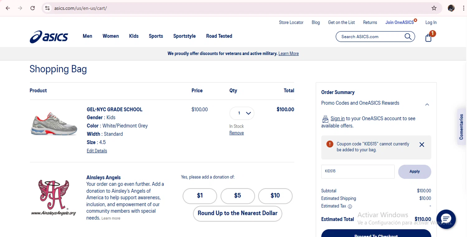 ASICS promo code screenshot showing code KIDS15 applied at ASICS checkout page. Uploaded by SimplyCodes community member MagnificentAdmiral9096 on Nov 3, 2025