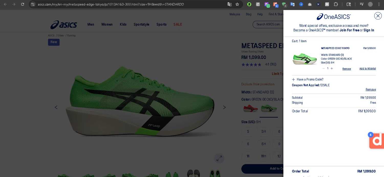 ASICS promo code screenshot showing code 12SALE applied at ASICS checkout page. Uploaded by SimplyCodes community member Serdanvz on Dec 12, 2025