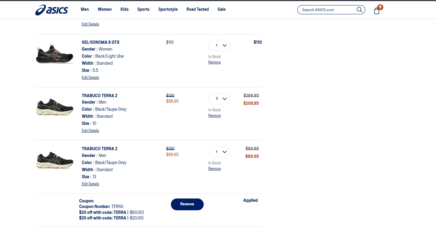 ASICS promo code screenshot showing code TERRA applied at ASICS checkout page. Uploaded by SimplyCodes community member ______ on May 18, 2025