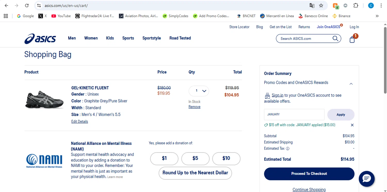 ASICS promo code screenshot showing code JANUARY applied at ASICS checkout page. Uploaded by SimplyCodes community member victor on Jan 11, 2026