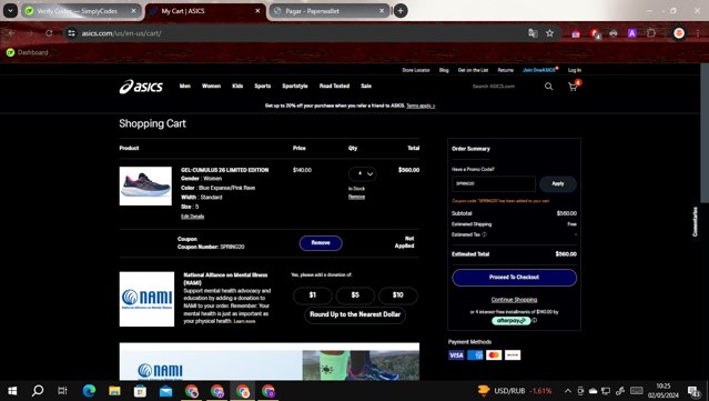 ASICS Outlet checkout page showing ASICS Outlet discount code box | Screenshot taken by SimplyCodes community member on May 2, 2024