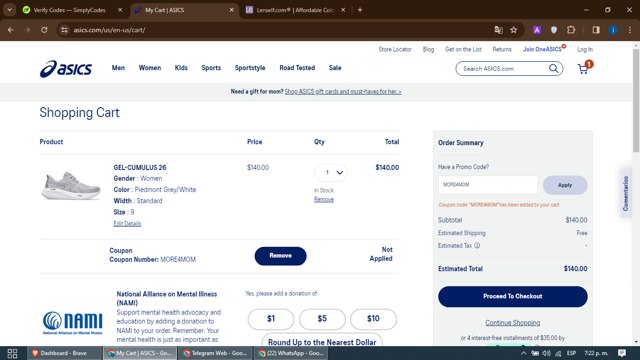 ASICS Outlet checkout page showing ASICS Outlet discount code box | Screenshot taken by SimplyCodes community member on May 11, 2024