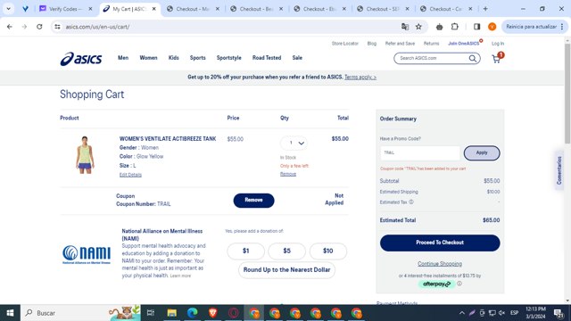 ASICS Outlet checkout page showing ASICS Outlet discount code box | Screenshot taken by SimplyCodes community member on Mar 3, 2024