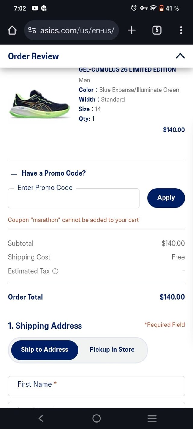 ASICS Outlet checkout page showing ASICS Outlet discount code box | Screenshot taken by SimplyCodes community member on Apr 15, 2024