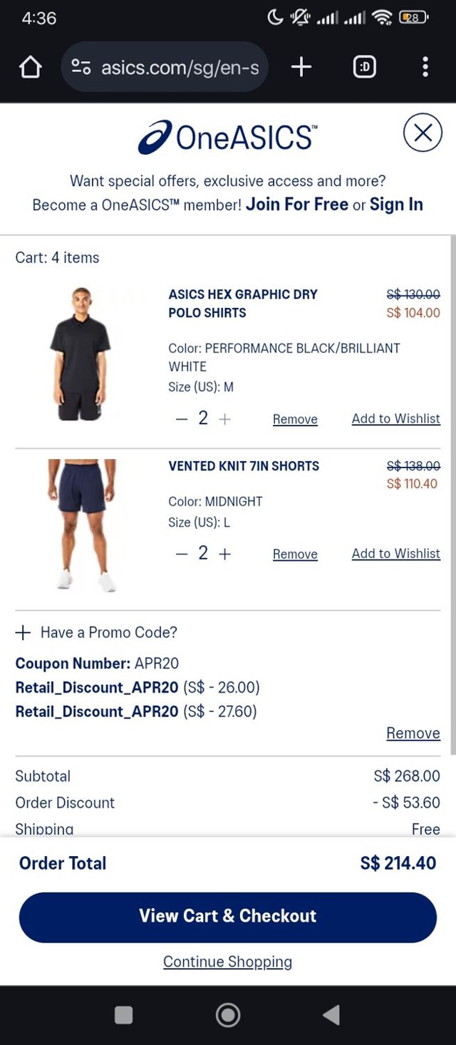 ASICS Outlet checkout page showing ASICS Outlet discount code box | Screenshot taken by SimplyCodes community member on Apr 17, 2024