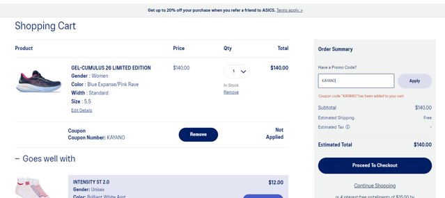 ASICS Outlet checkout page showing ASICS Outlet discount code box | Screenshot taken by SimplyCodes community member on Apr 21, 2024