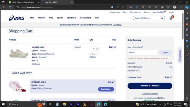 ASICS Outlet checkout page showing ASICS Outlet discount code box | Screenshot taken by SimplyCodes community member on May 20, 2024