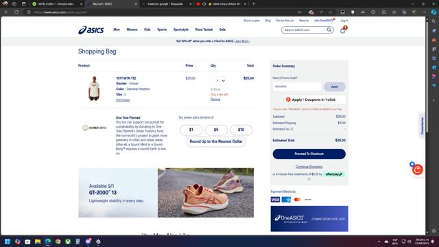 ASICS Outlet checkout page showing ASICS Outlet discount code box | Screenshot taken by SimplyCodes community member on Aug 22, 2024