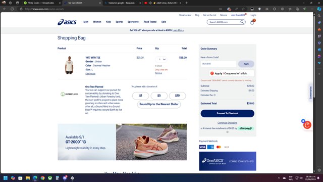 ASICS Outlet checkout page showing ASICS Outlet discount code box | Screenshot taken by SimplyCodes community member on Aug 22, 2024