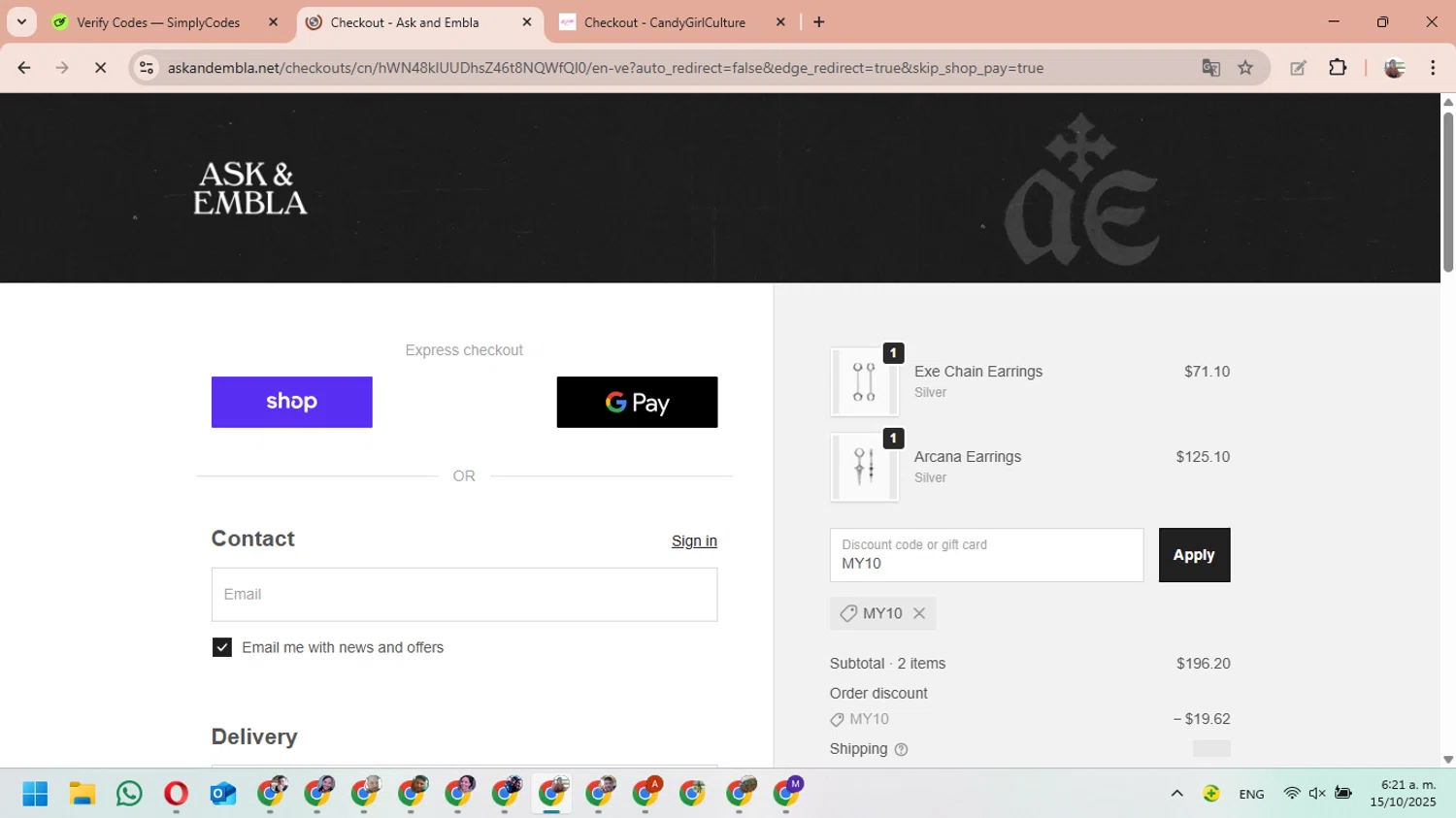 Ask and Embla discount code screenshot showing code MY10 applied at Ask and Embla checkout page. Uploaded by SimplyCodes community member MariAPB on Oct 15, 2025