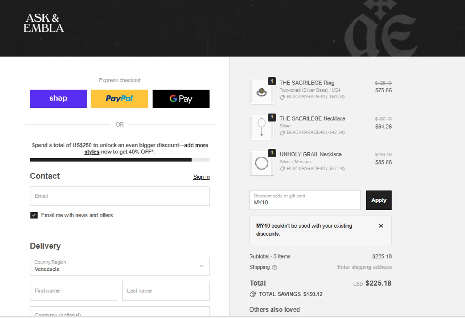 Ask and Embla discount code screenshot showing code MY10 applied at Ask and Embla checkout page. Uploaded by SimplyCodes community member Sweety2021 on Nov 25, 2025