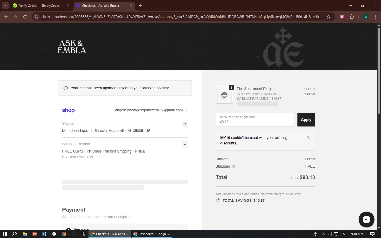 Ask and Embla discount code screenshot showing code MY10 applied at Ask and Embla checkout page. Uploaded by SimplyCodes community member zizu55 on Nov 25, 2025
