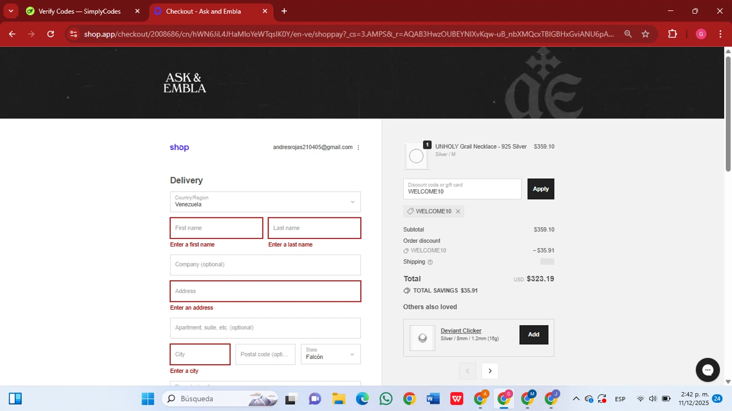 Ask and Embla discount code screenshot showing code WELCOME10 applied at Ask and Embla checkout page. Uploaded by SimplyCodes community member GGGilbert on Dec 11, 2025