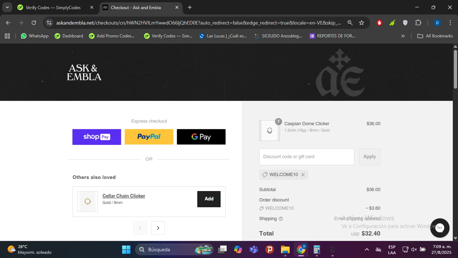 Ask and Embla discount code screenshot showing code WELCOME10 applied at Ask and Embla checkout page. Uploaded by SimplyCodes community member danielgarcia1 on Aug 27, 2025