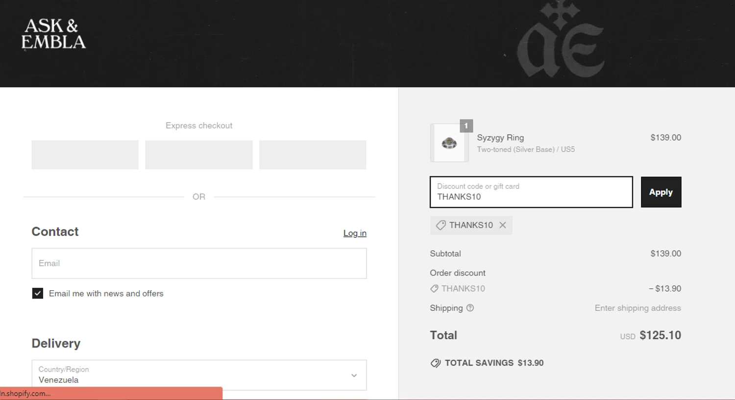 Ask and Embla discount code screenshot showing code THANKS10 applied at Ask and Embla checkout page. Uploaded by SimplyCodes community member MagnificentKnight9534 on Apr 9, 2025
