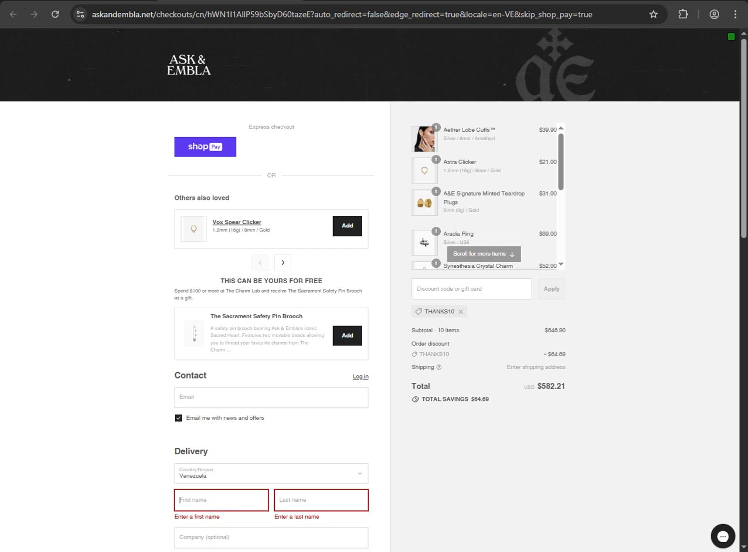 Ask and Embla discount code screenshot showing code THANKS10 applied at Ask and Embla checkout page. Uploaded by SimplyCodes community member zzzzzzza on Aug 13, 2025