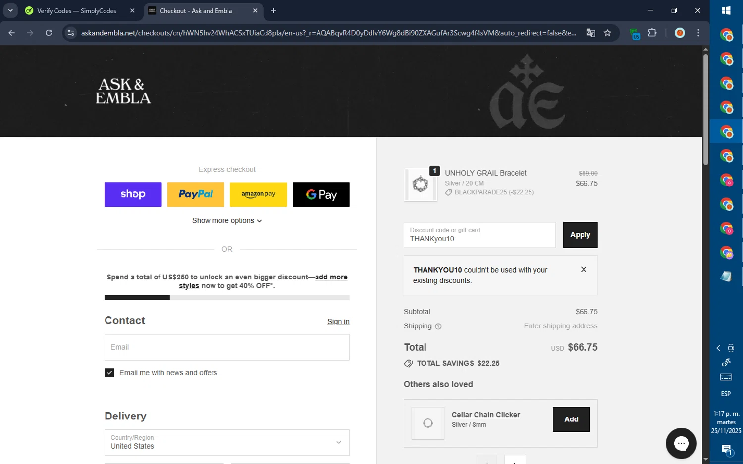 Ask and Embla discount code screenshot showing code THANKyou10 applied at Ask and Embla checkout page. Uploaded by SimplyCodes community member GoldPilot5958 on Nov 25, 2025