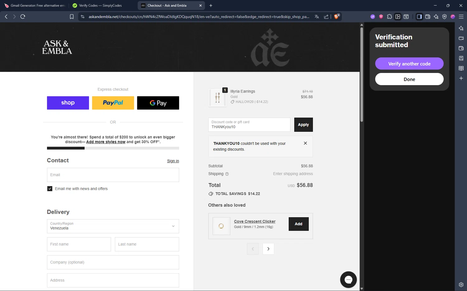 Ask and Embla discount code screenshot showing code THANKyou10 applied at Ask and Embla checkout page. Uploaded by SimplyCodes community member pina_skb on Oct 28, 2025