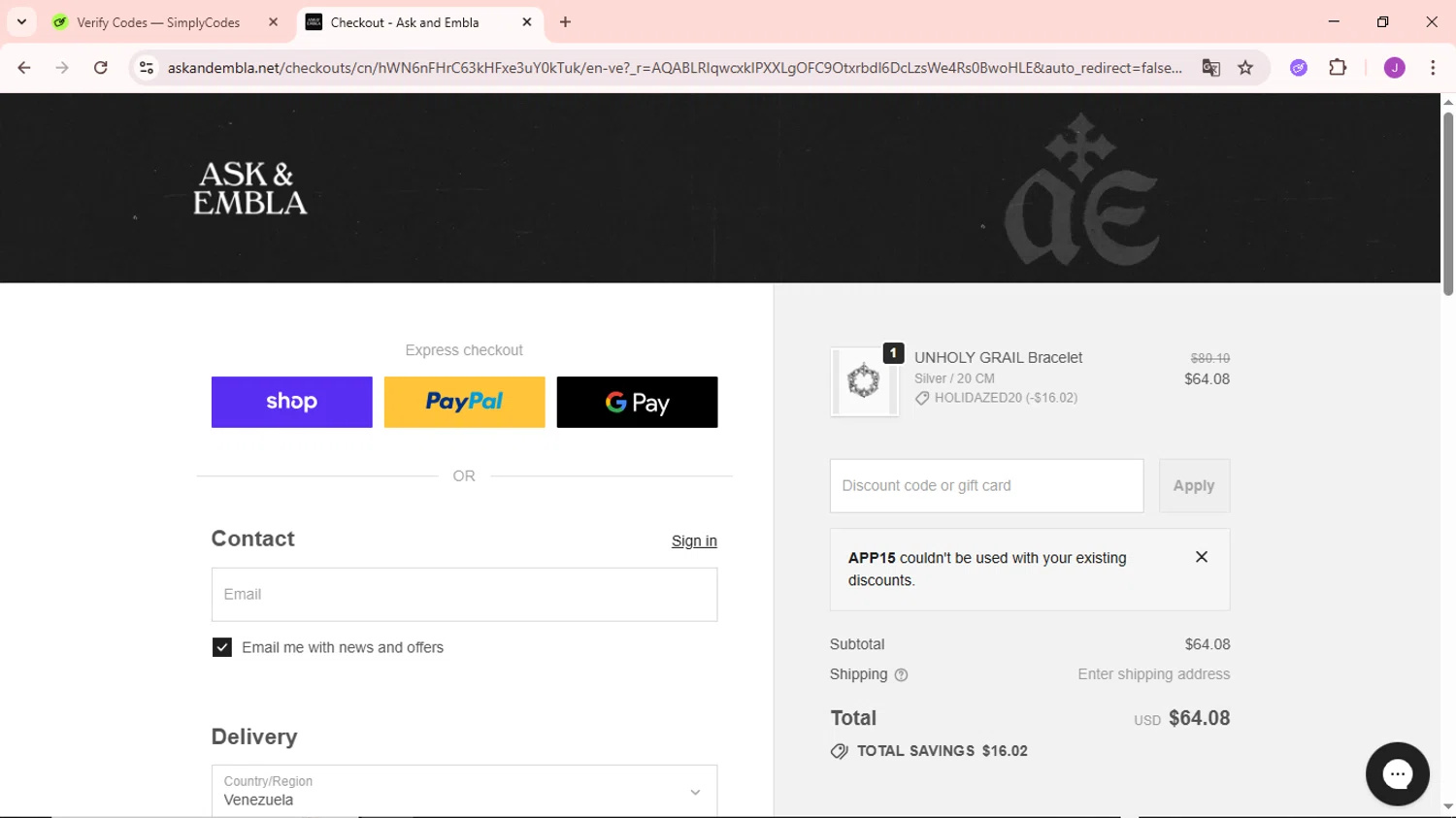 Ask and Embla discount code screenshot showing code APP15 applied at Ask and Embla checkout page. Uploaded by SimplyCodes community member NobleSaver3560 on Dec 24, 2025