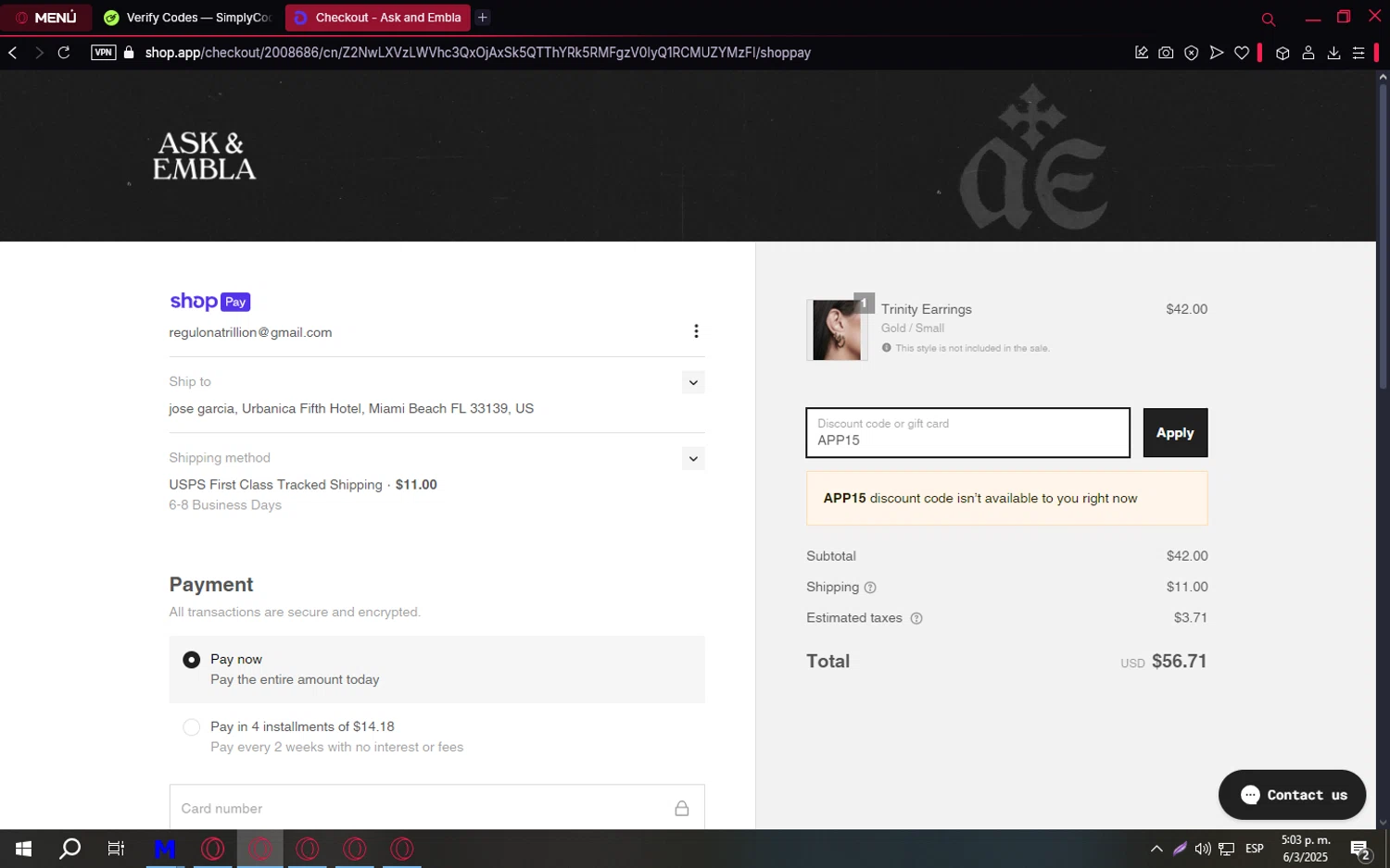 Ask and Embla discount code screenshot showing code APP15 applied at Ask and Embla checkout page. Uploaded by SimplyCodes community member TreasureCaptain9598 on Mar 6, 2025